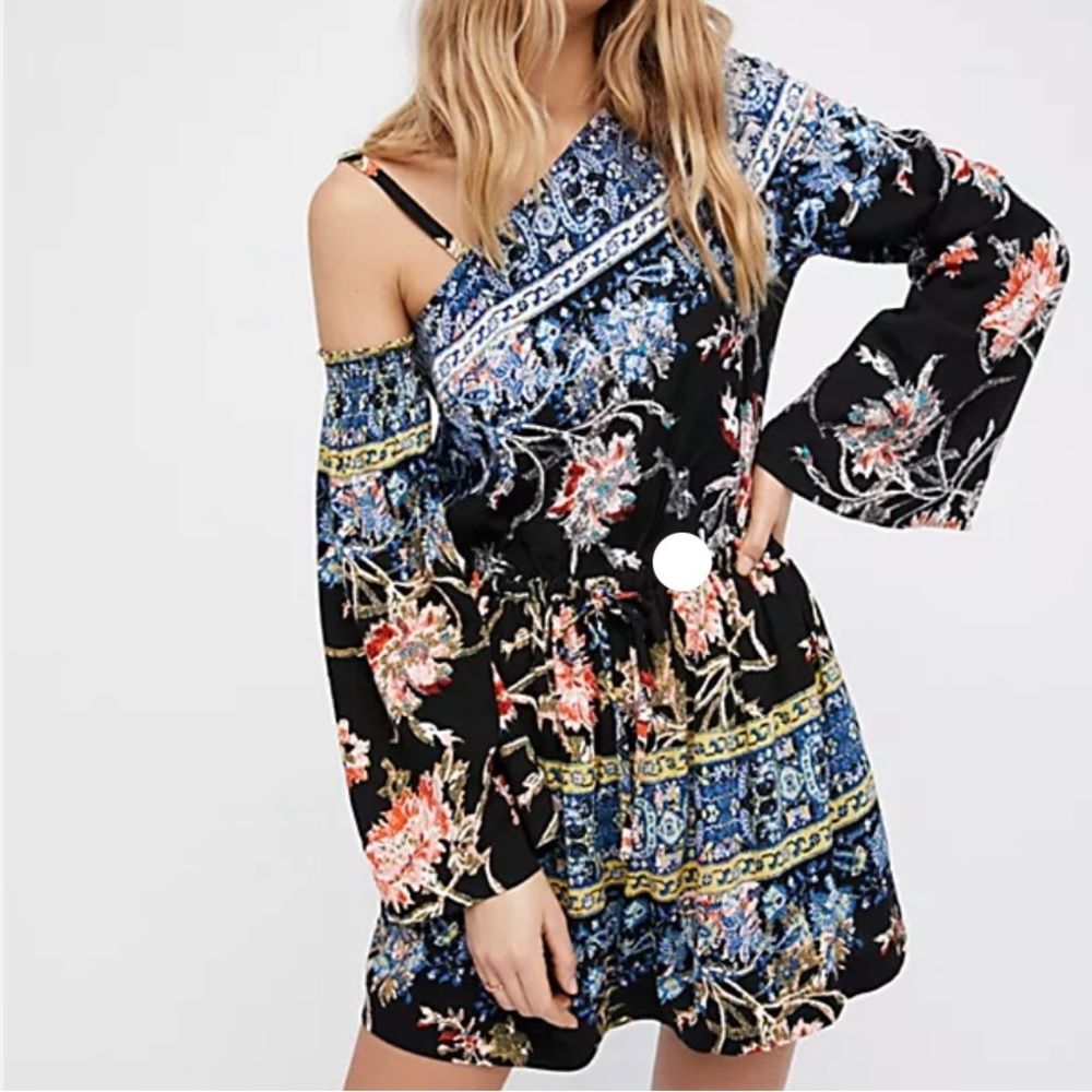 Free People side shoulder flower mini dress